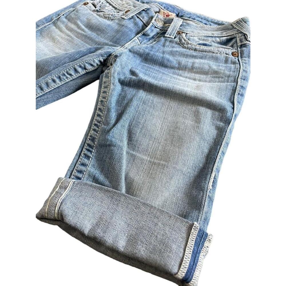 True Religion World Tour Sofie Bermuda Shorts Size 26 x 14 Denim Zip Logo Rolled